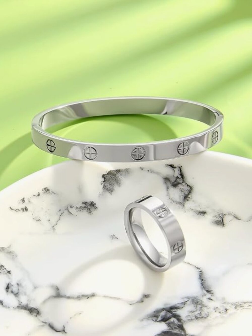 New Boutique Silver Love Friendship Cuff Bangle Bracelet Set with Ring (Size 8)